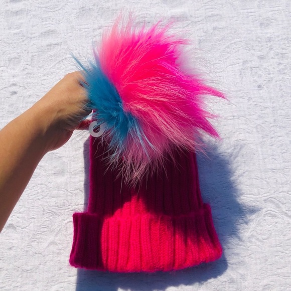 BARI LYNN**Pink Knit Hat w/ Rainbow Pom Pom - Picture 5 of 6